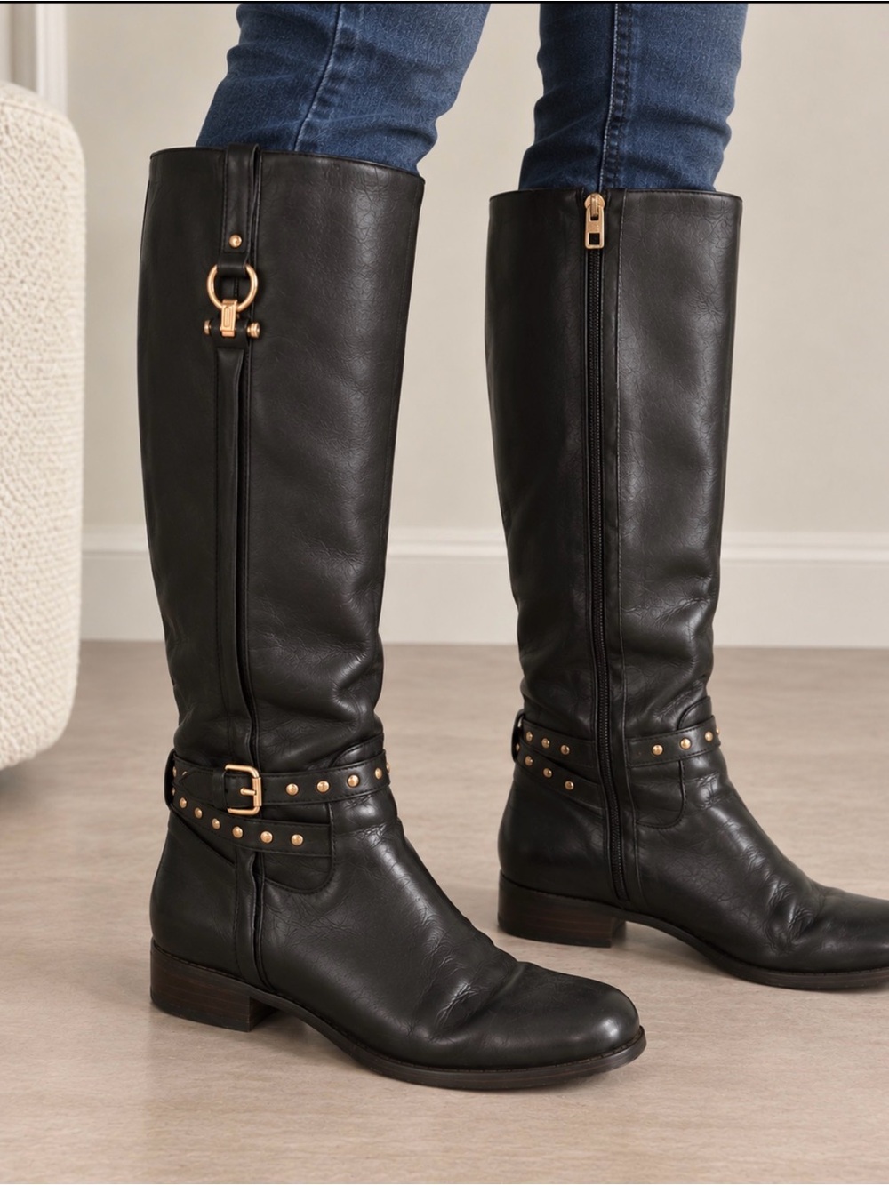 Coach Black Leather Buckle & Stud Maddie Riding Boots